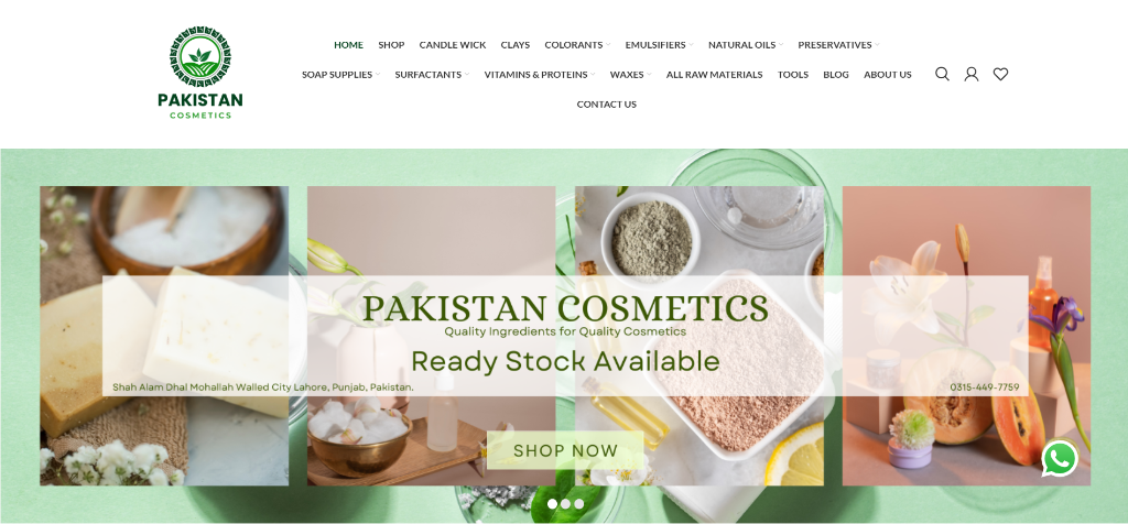 Pakistan Cosmetics homepage — retail WordPress store for cosmetic ingredients