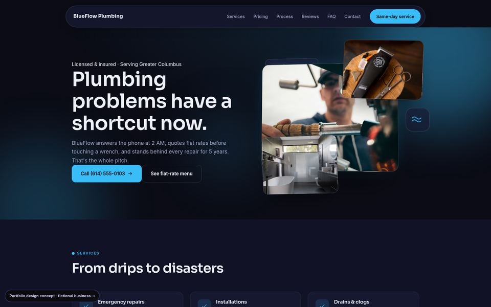 BlueFlow Plumbing 3D Immersive website screenshot