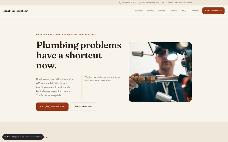 BlueFlow Plumbing Warm Editorial website screenshot