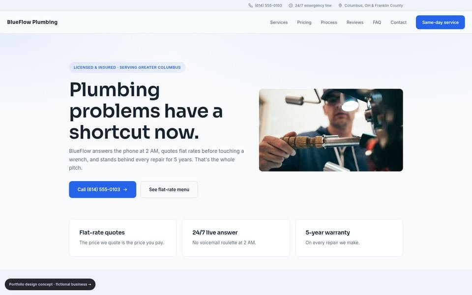 BlueFlow Plumbing plumbing web design portfolio — 5 comparison directions