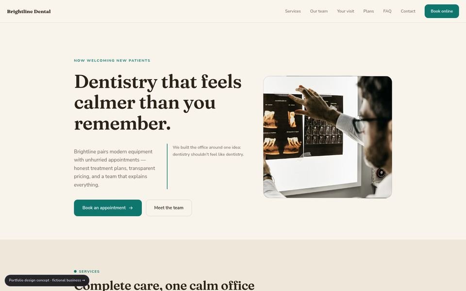 Brightline Dental Warm Editorial website screenshot