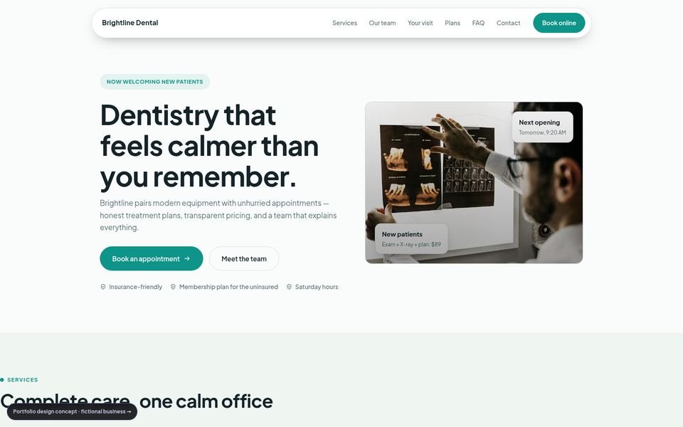 Brightline Dental — Calm Professional dental web design concept screenshot
