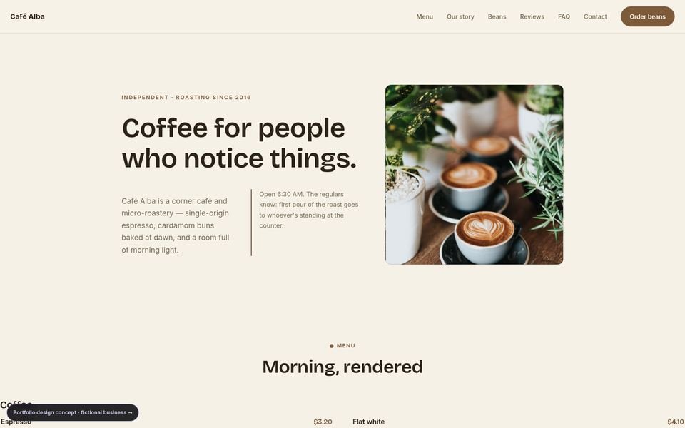 Café Alba caf&eacute; web design portfolio — 5 comparison directions