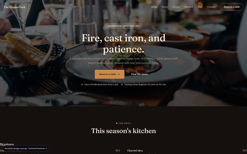 The Copper Fork — Ember Dark restaurant web design concept screenshot