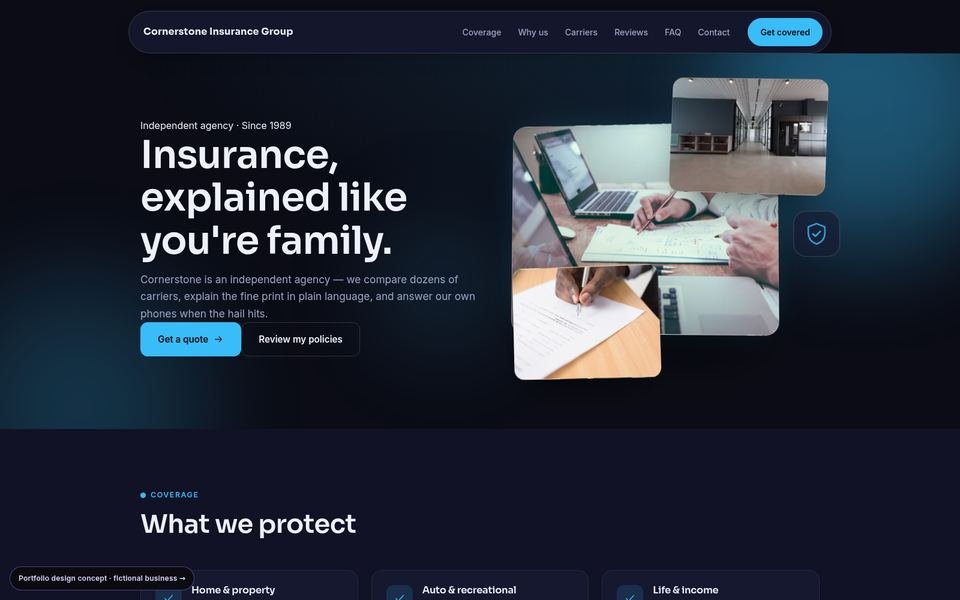 Cornerstone Insurance Group 3D Immersive website screenshot
