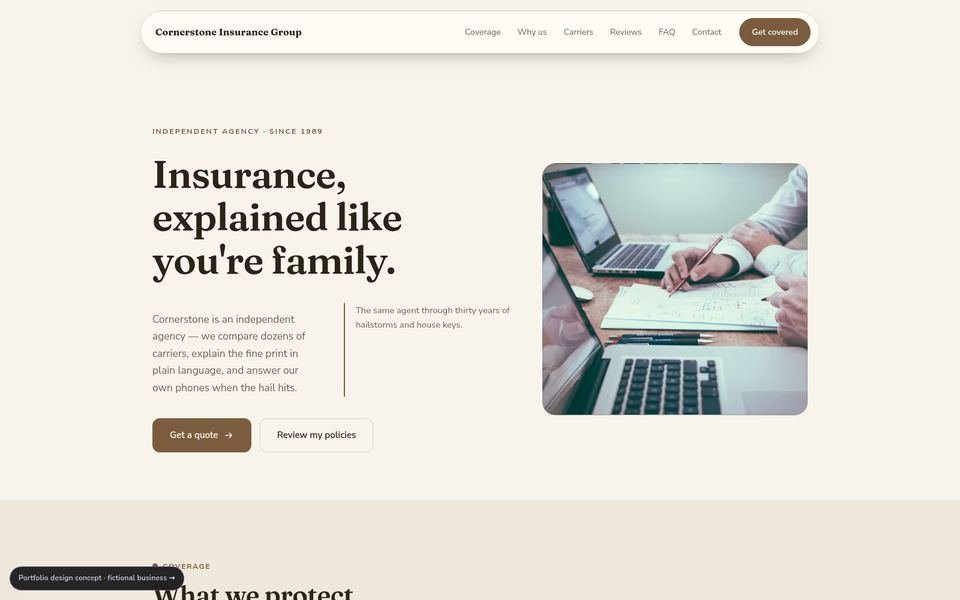 Cornerstone Insurance Group Warm Editorial website screenshot