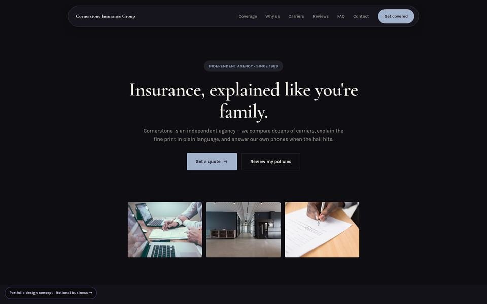 Cornerstone Insurance Group Luxe Dark website screenshot