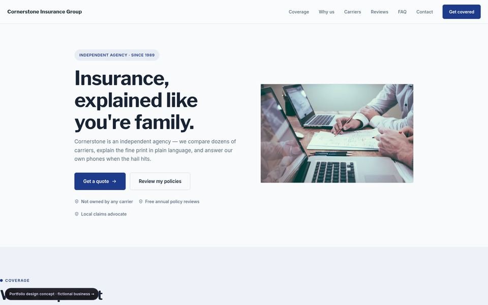 Cornerstone Insurance Group insurance web design portfolio — 5 comparison directions