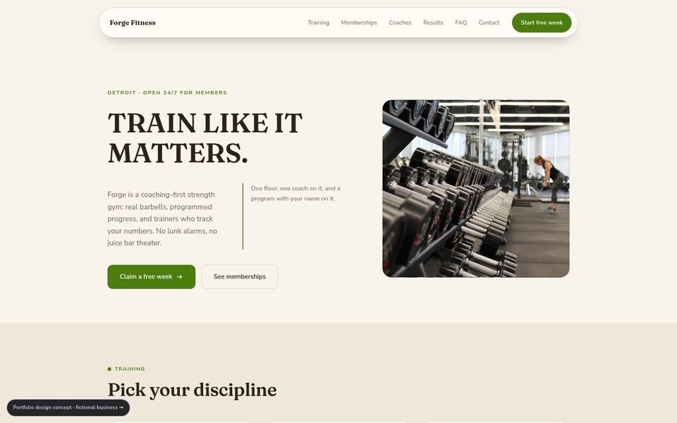 Forge Fitness Warm Editorial website screenshot