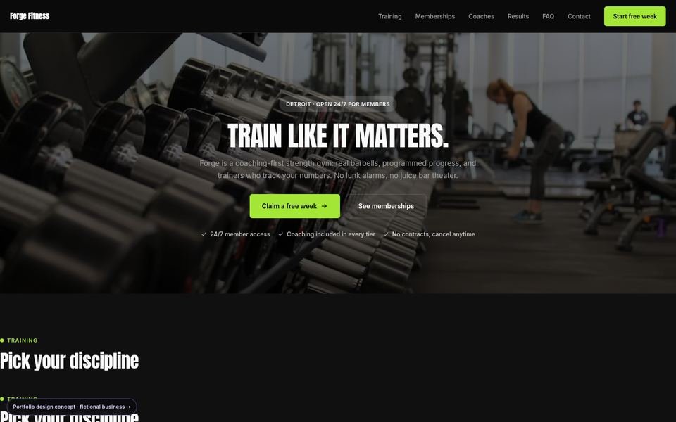 Forge Fitness gym web design portfolio — 5 comparison directions