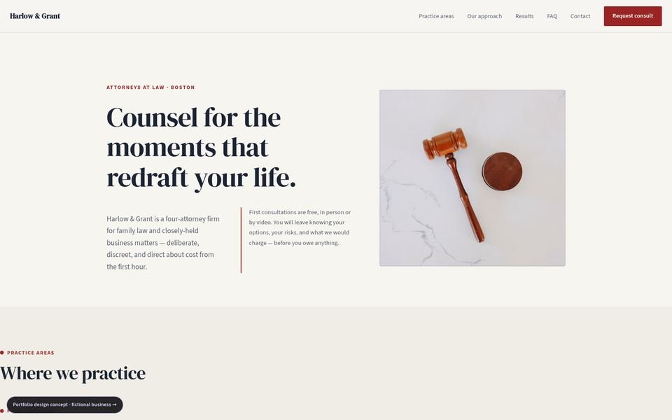 Harlow & Grant law firm web design portfolio — 5 comparison directions