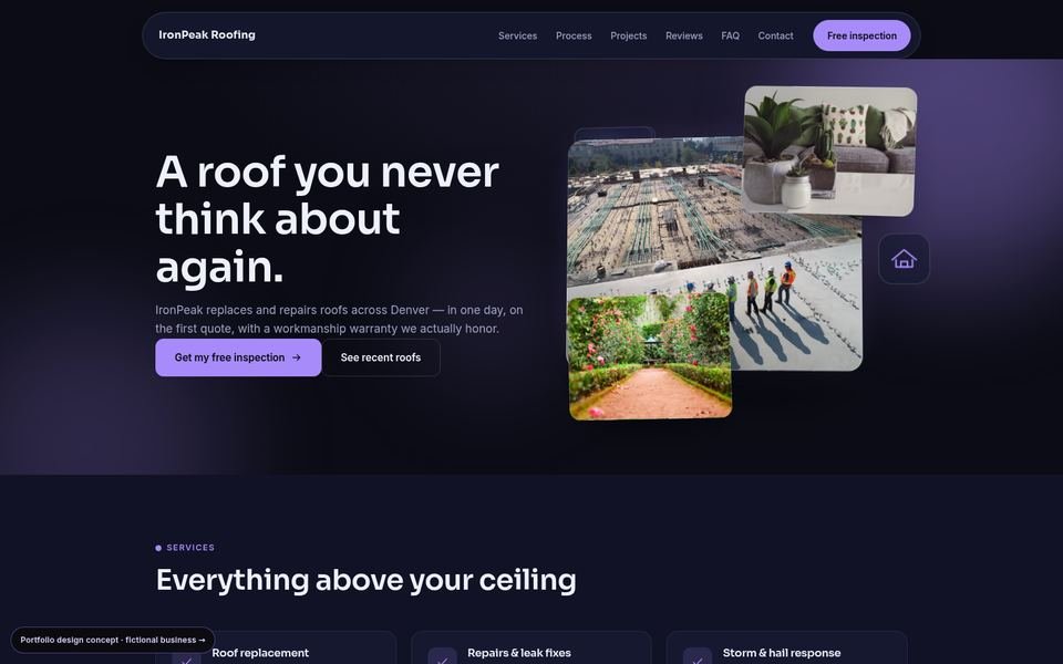 IronPeak Roofing 3D Immersive website screenshot
