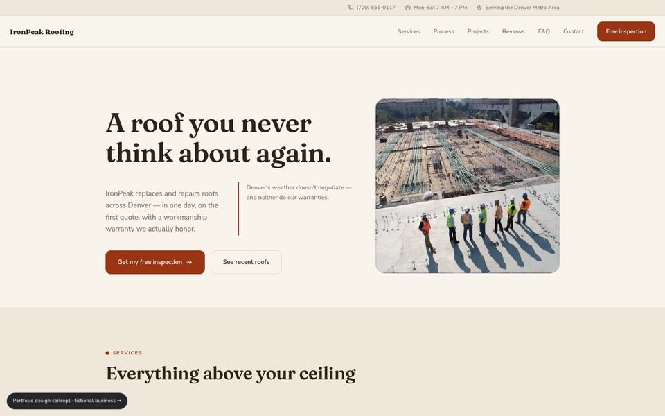 IronPeak Roofing Warm Editorial website screenshot