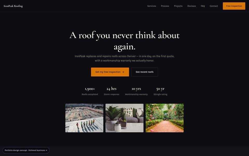 IronPeak Roofing Luxe Dark website screenshot