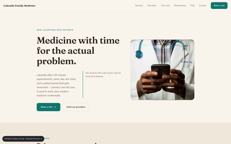 Lakeside Family Medicine Warm Editorial website screenshot