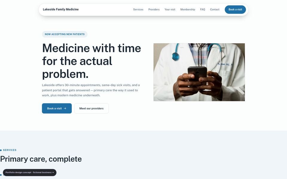 Lakeside Family Medicine medical clinic web design portfolio — 5 comparison directions