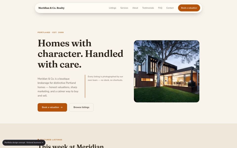 Meridian & Co. Realty Warm Editorial website screenshot