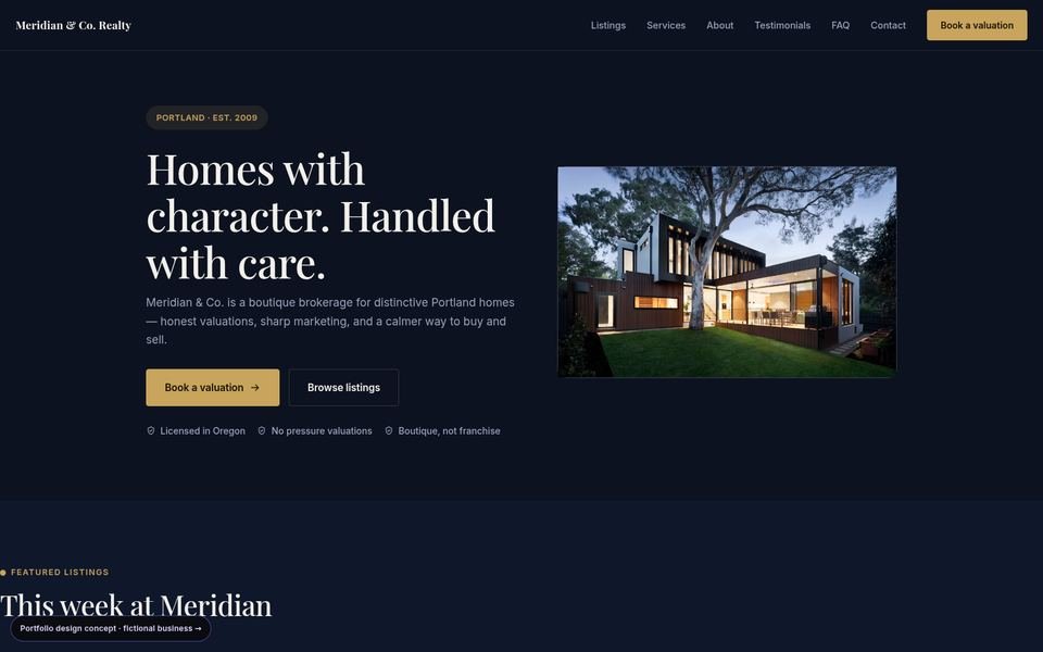 Meridian & Co. Realty — Luxury Editorial real estate web design concept screenshot