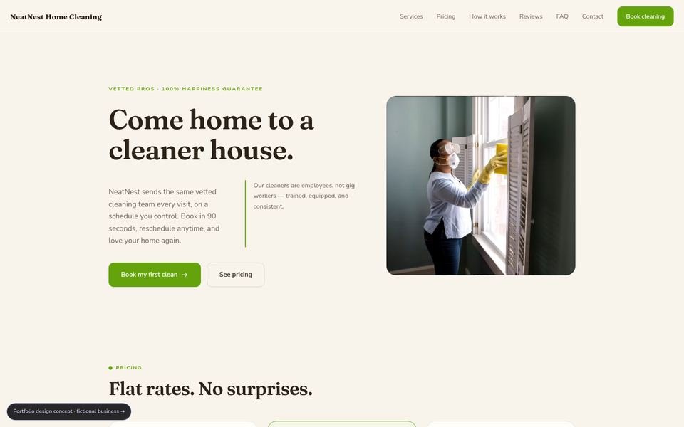 NeatNest Home Cleaning Warm Editorial website screenshot