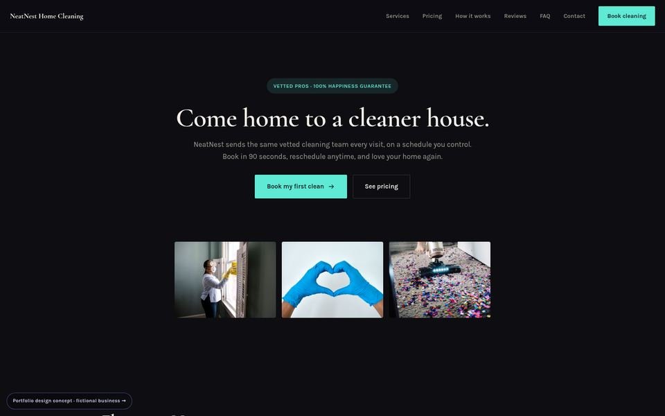 NeatNest Home Cleaning Luxe Dark website screenshot