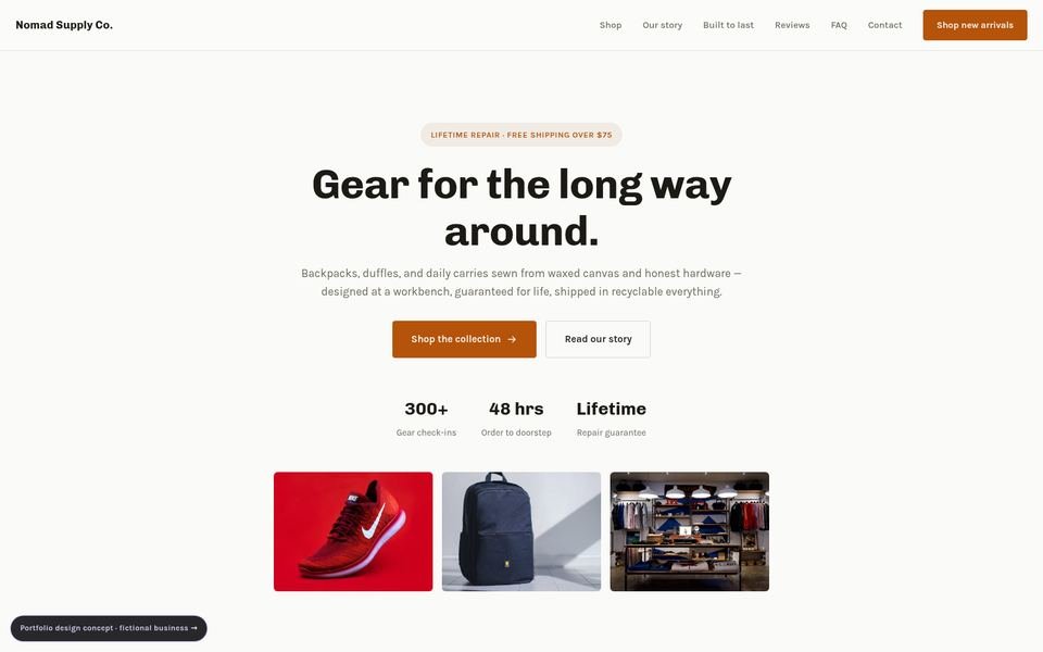Nomad Supply Co. — Earthy Minimal e-commerce web design concept screenshot
