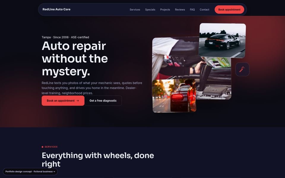 RedLine Auto Care 3D Immersive website screenshot