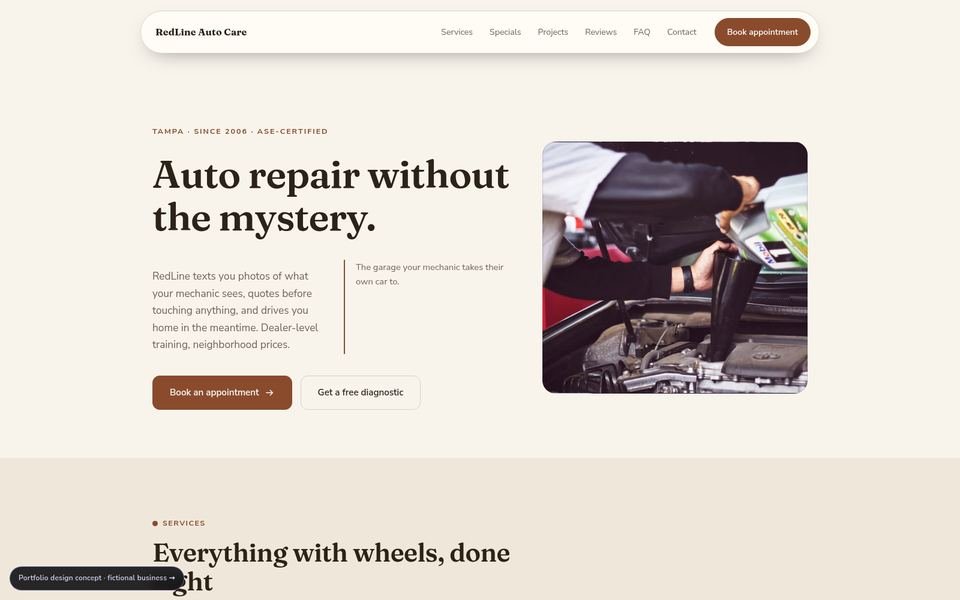 RedLine Auto Care Warm Editorial website screenshot