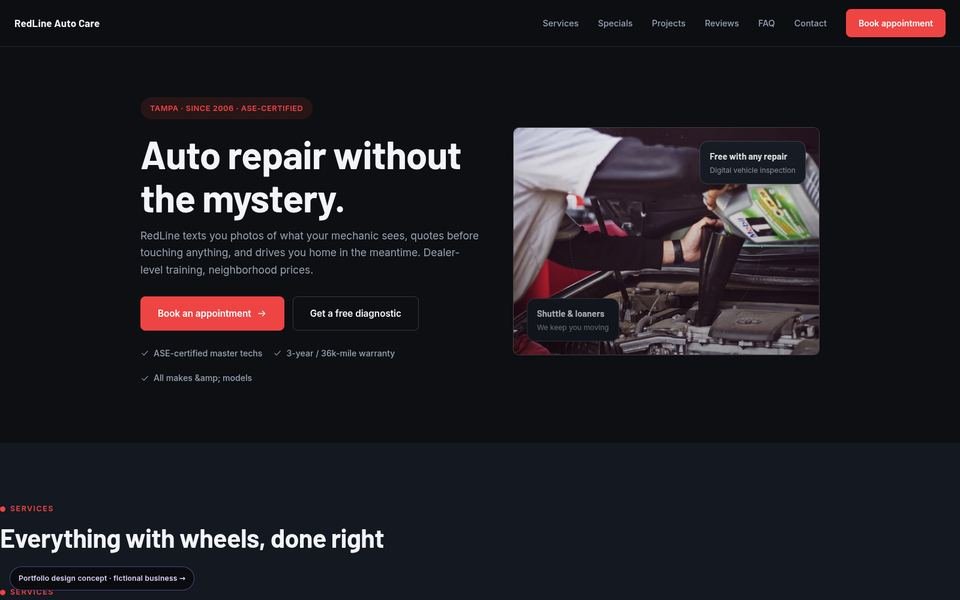RedLine Auto Care auto repair web design portfolio — 5 comparison directions