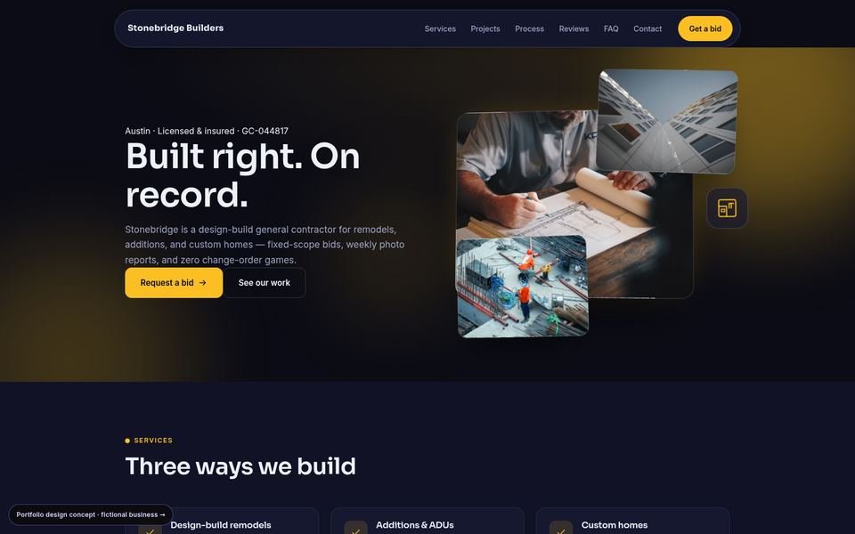 Stonebridge Builders 3D Immersive website screenshot