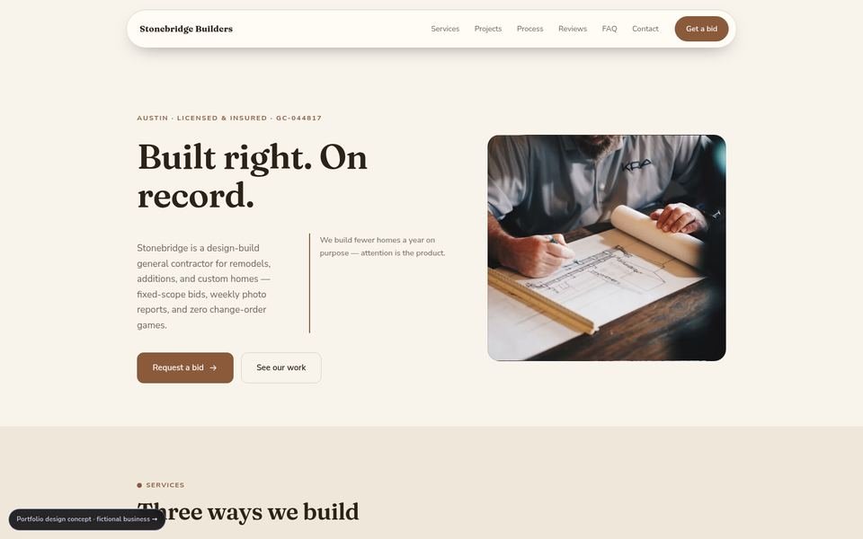 Stonebridge Builders Warm Editorial website screenshot