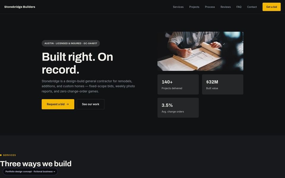 Stonebridge Builders construction web design portfolio — 5 comparison directions