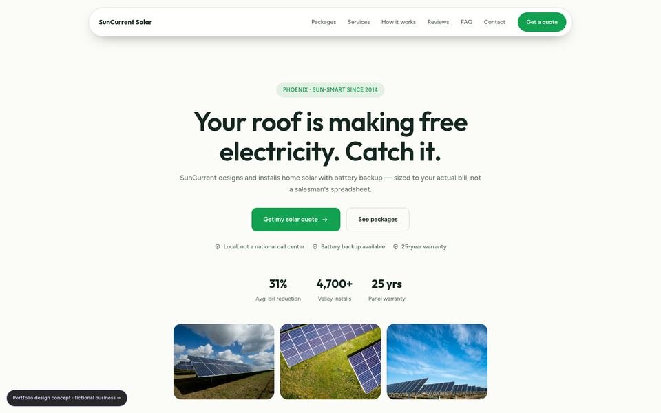 SunCurrent Solar — Bright & Friendly solar web design concept screenshot