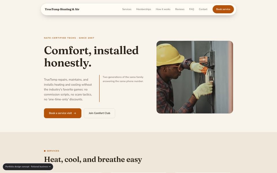 TrueTemp Heating & Air Warm Editorial website screenshot