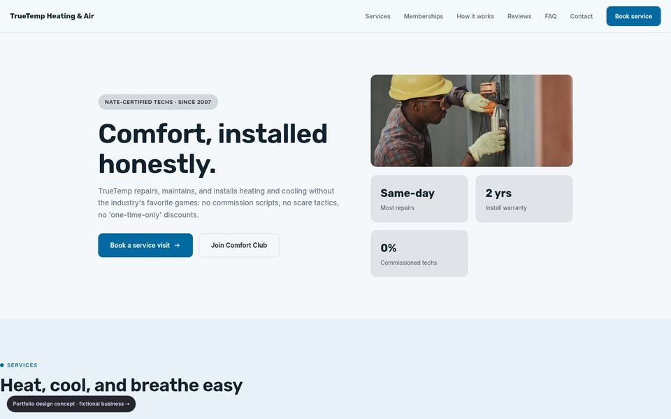 TrueTemp Heating & Air — Clean Professional hvac web design concept screenshot