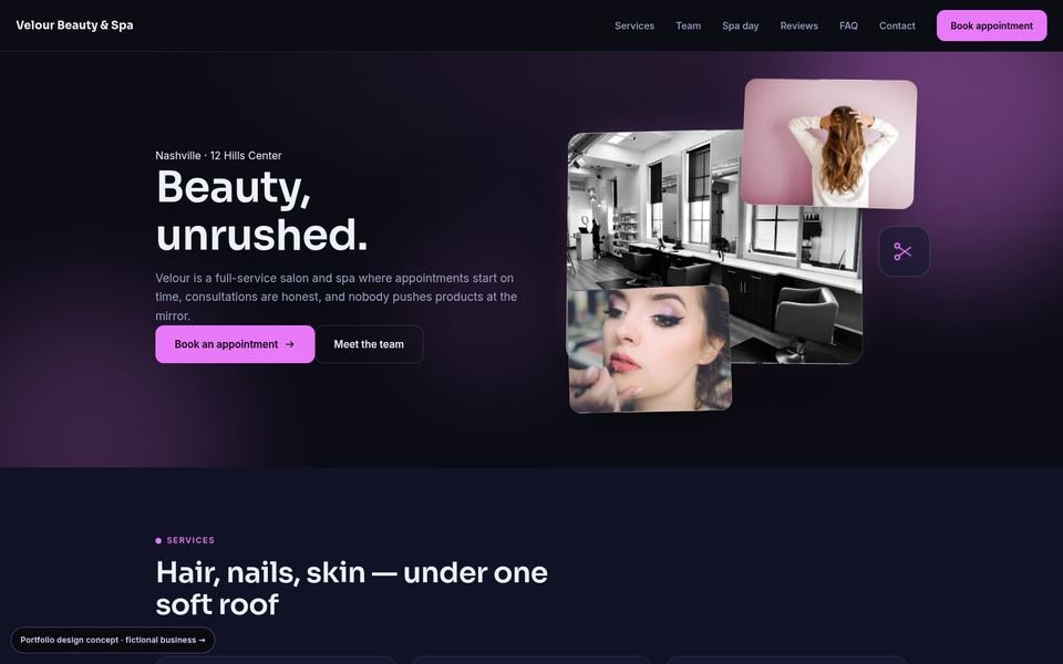 Velour Beauty & Spa 3D Immersive website screenshot