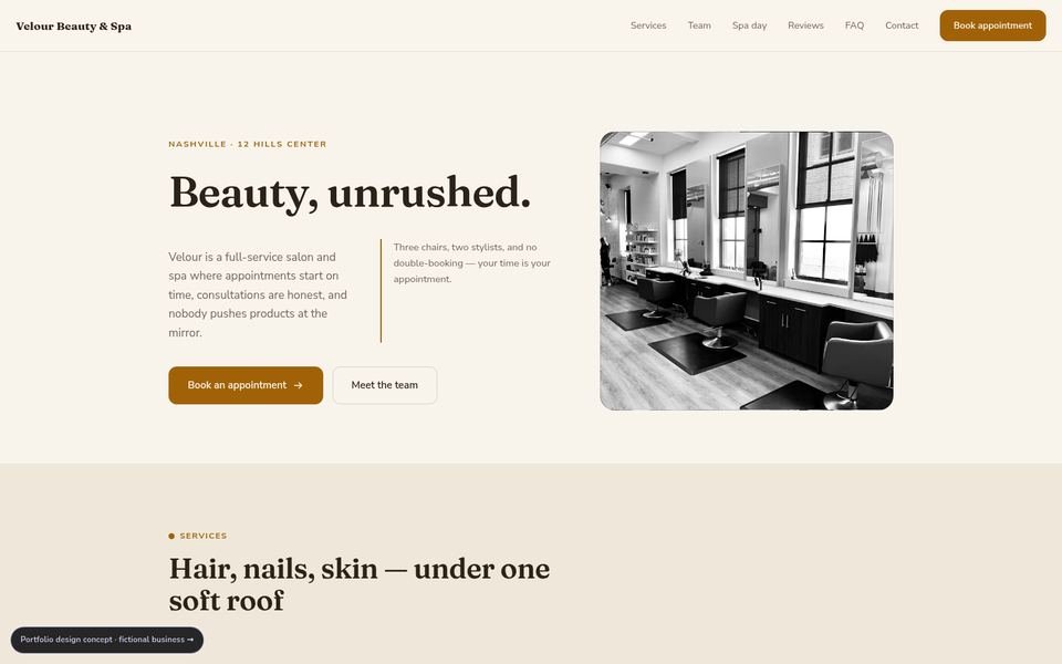 Velour Beauty & Spa Warm Editorial website screenshot
