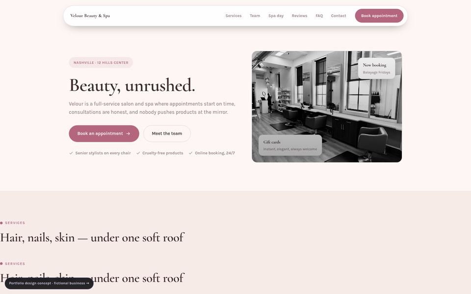 Velour Beauty & Spa salon & spa web design portfolio — 5 comparison directions